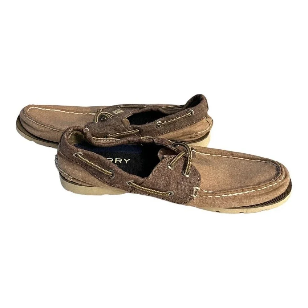 Sperry Men’s Top Siders Slip‎ On Boat Shoes Tan Canvas Leather Lace Up Size 8M